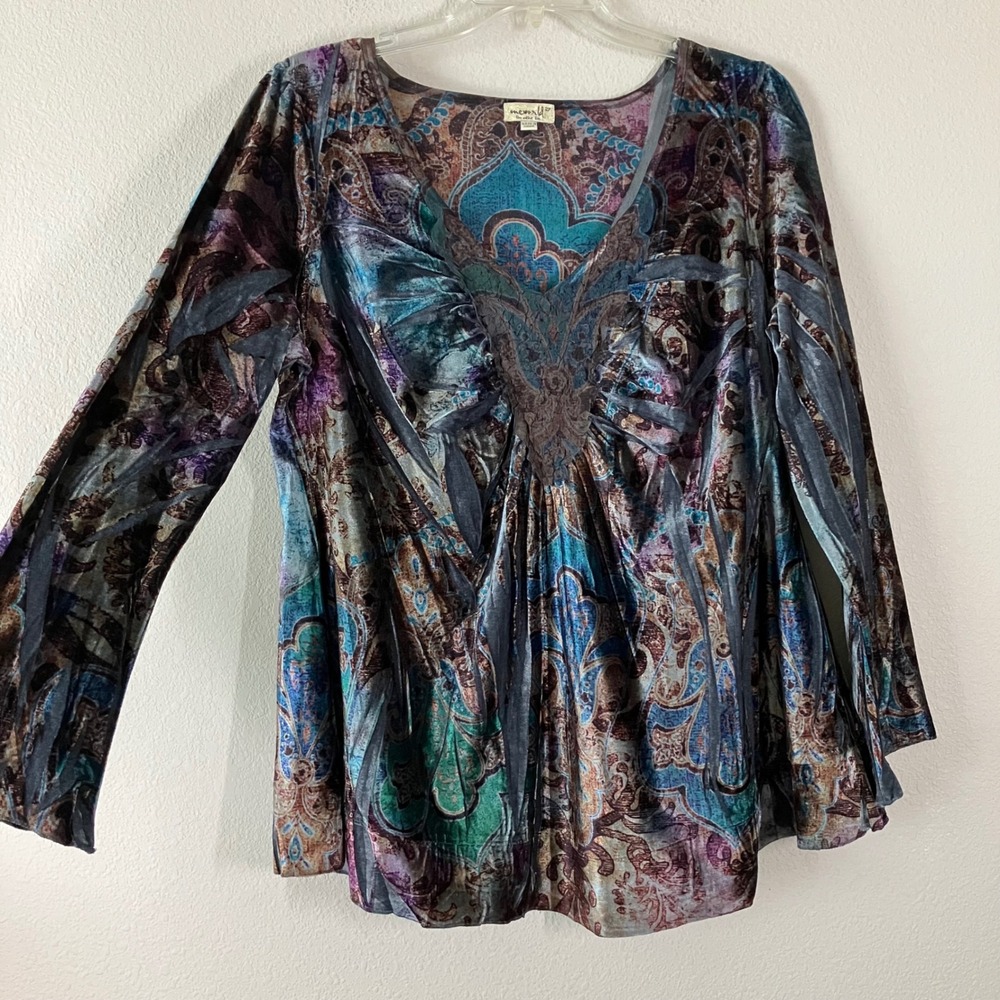 ONE WORLD Velour V-neck Top 2X Flare Sleeve Mixed Print Fairy Grunge Whimsigoth - Picture 2 of 12